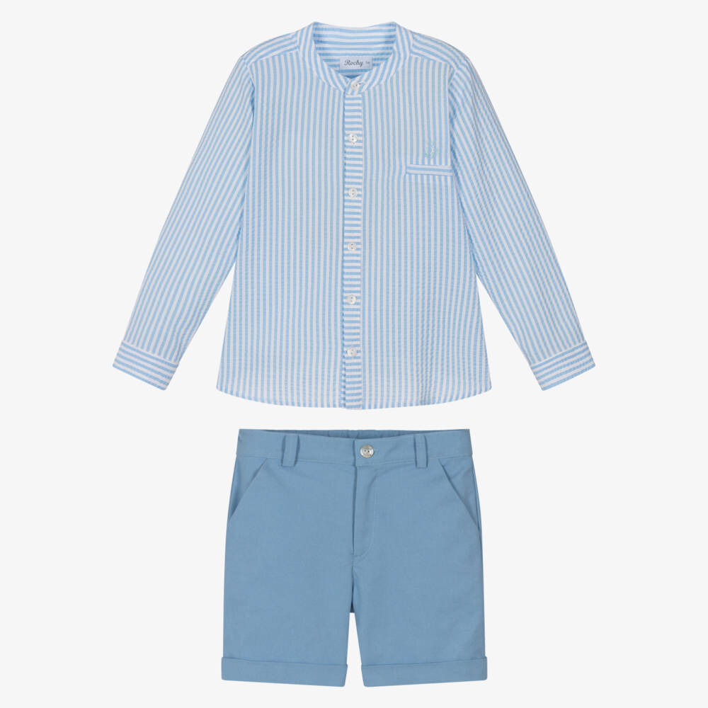 Rochy-Boys Blue Stripe Seersucker Shirt & Shorts Set | Childrensalon