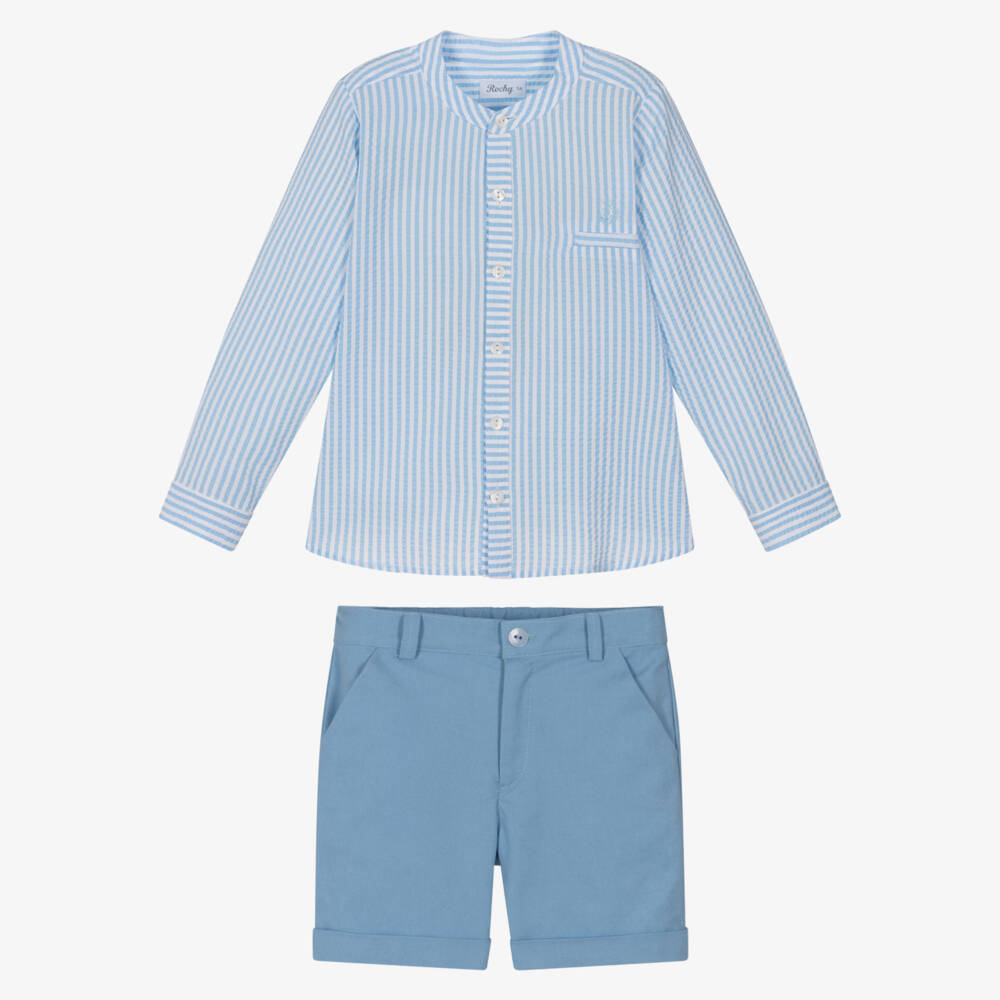 Rochy-Boys Blue Stripe Seersucker Shirt & Shorts Set | Childrensalon