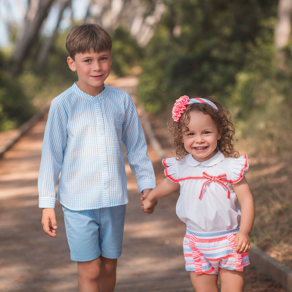 Rochy-Boys Blue Stripe Seersucker Shirt & Shorts Set | Childrensalon