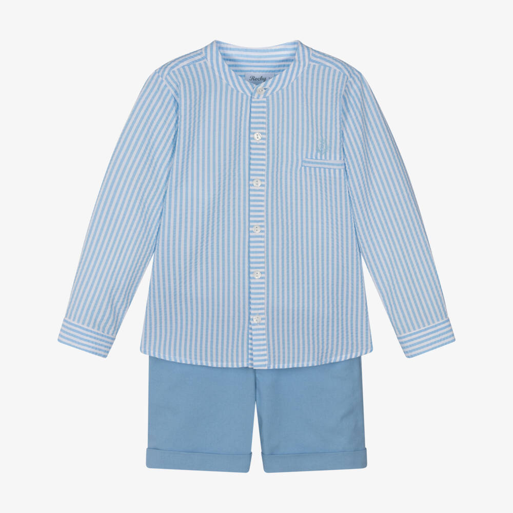 Rochy-Boys Blue Stripe Seersucker Shorts Set | Childrensalon