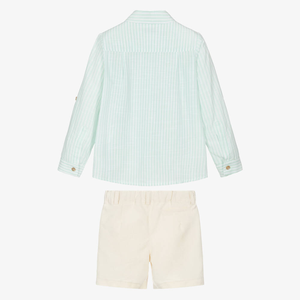 Rochy-Boys Green Striped Cotton Shirt & Shorts Set | Childrensalon