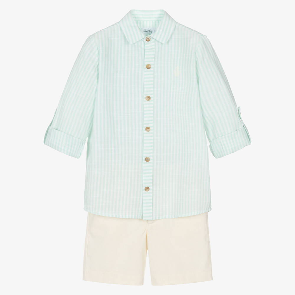 Rochy-Boys Green Striped Cotton Shirt & Shorts Set | Childrensalon