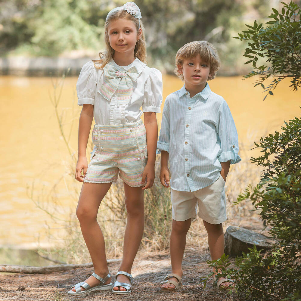 Rochy-Boys Green Striped Cotton Shirt & Shorts Set | Childrensalon