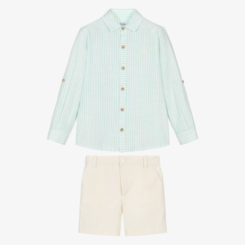 Rochy-Boys Green Striped Cotton Shirt & Shorts Set | Childrensalon
