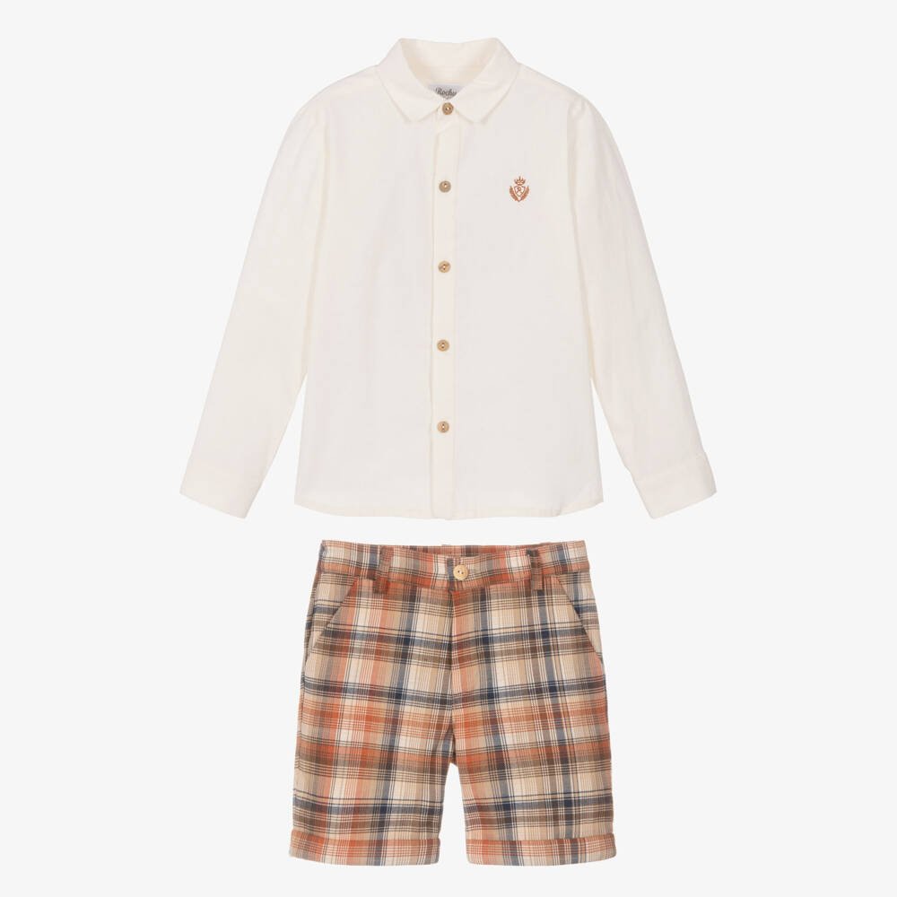 Rochy-Boys Ivory & Beige Check Shorts Set | Childrensalon