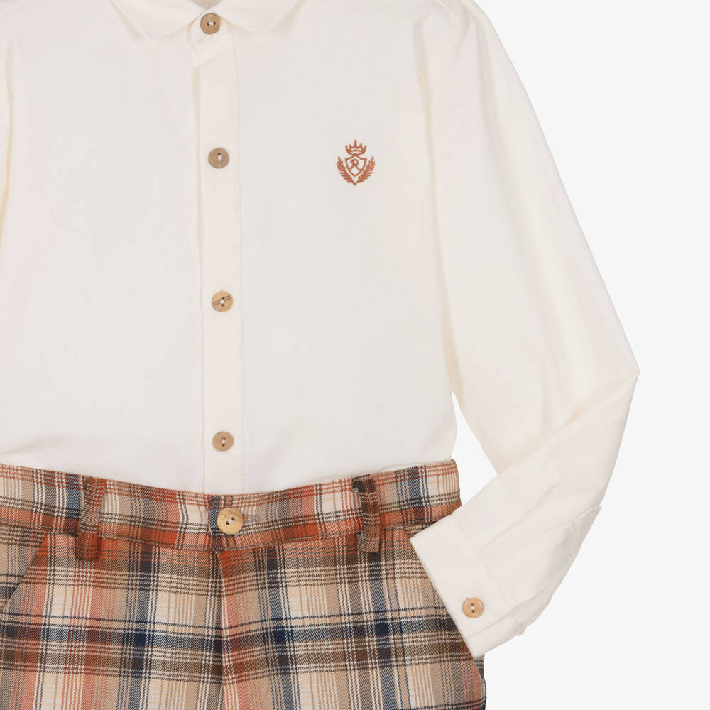 Rochy-Boys Ivory & Beige Check Shorts Set | Childrensalon