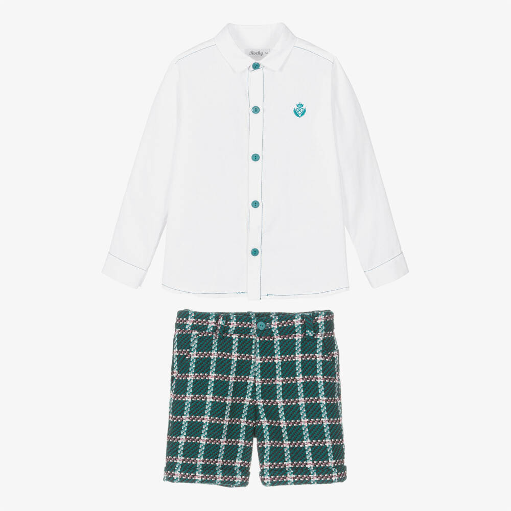 Rochy-Boys Ivory & Green Tweed Shorts Set | Childrensalon