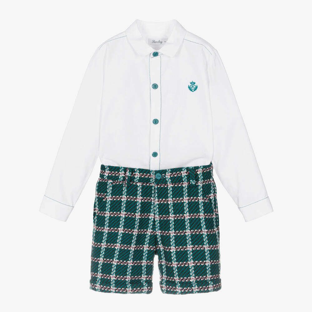 Rochy-Boys Ivory & Green Tweed Shorts Set | Childrensalon