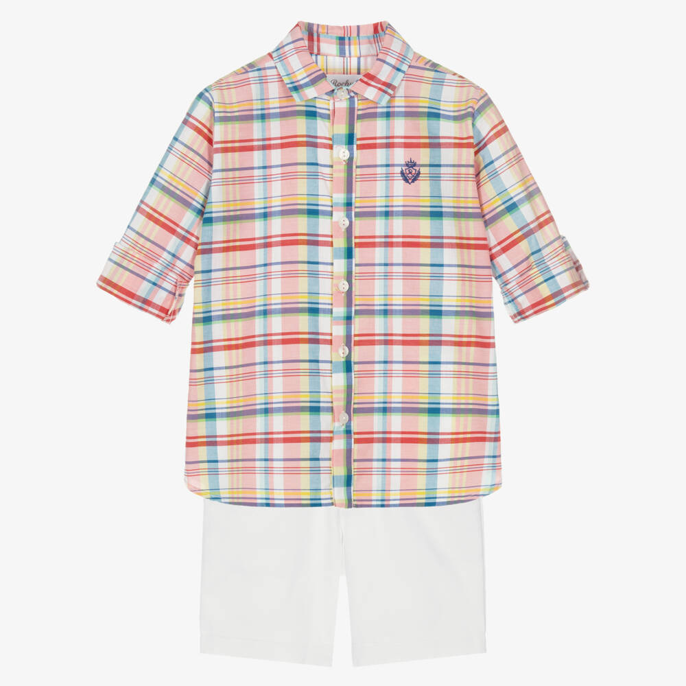 Rochy-Boys Multicolour Check Shirt & White Cotton Shorts Set | Childrensalon