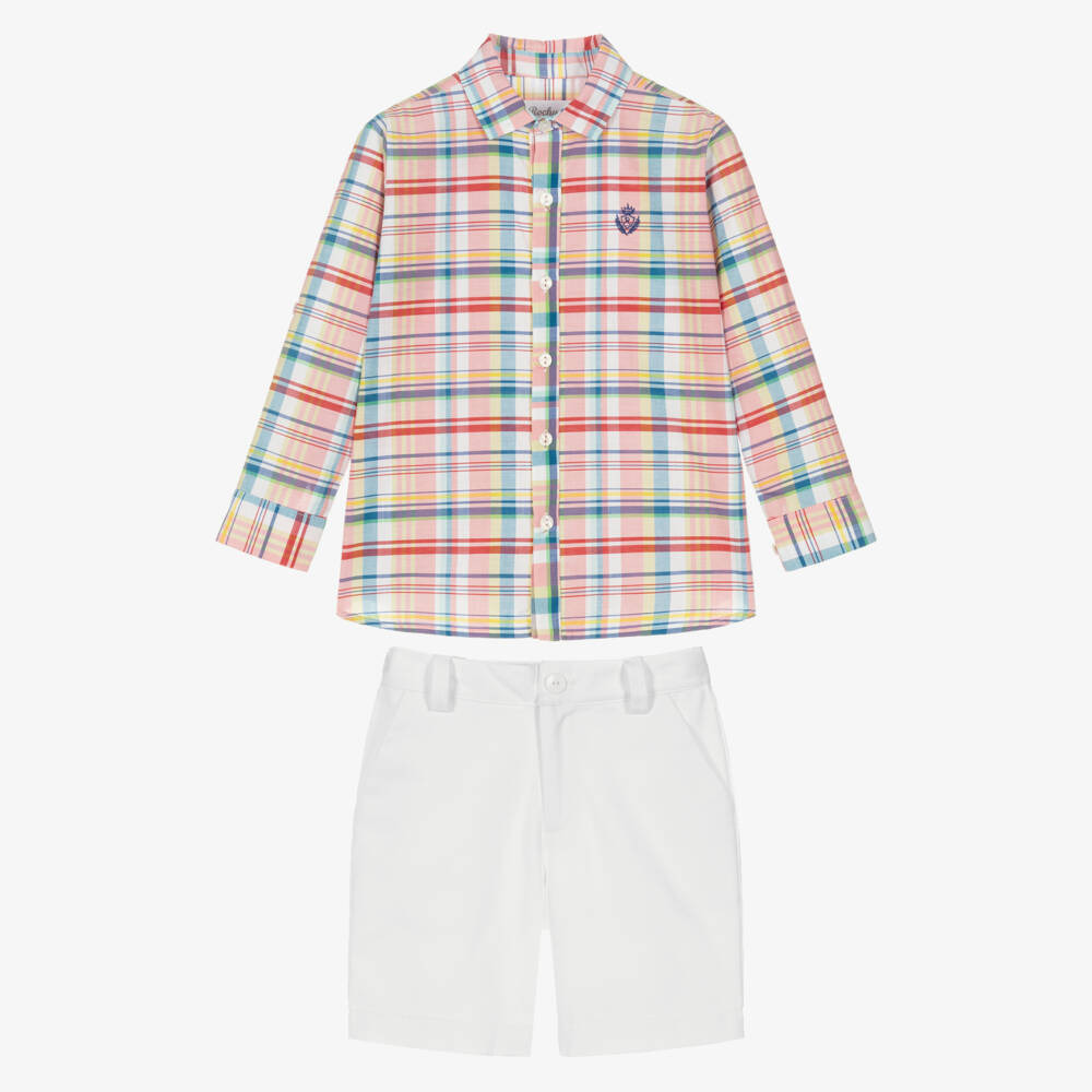 Rochy-Boys Multicolour Check Shirt & White Cotton Shorts Set | Childrensalon