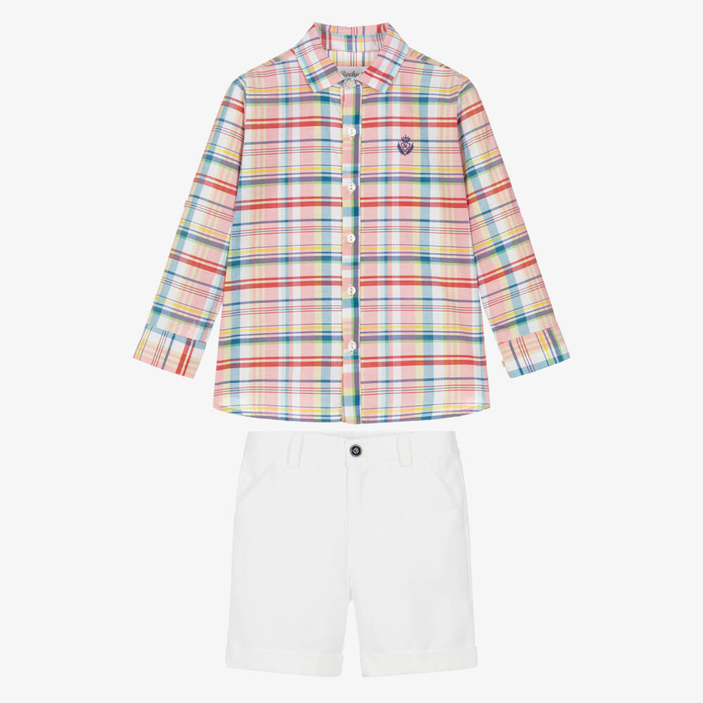 Rochy-Boys Multicolour Check Shirt & White Cotton Shorts Set | Childrensalon