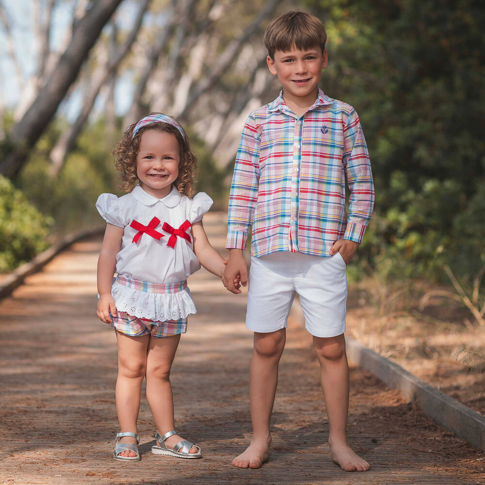 Rochy-Boys Multicolour Check Shirt & White Cotton Shorts Set | Childrensalon
