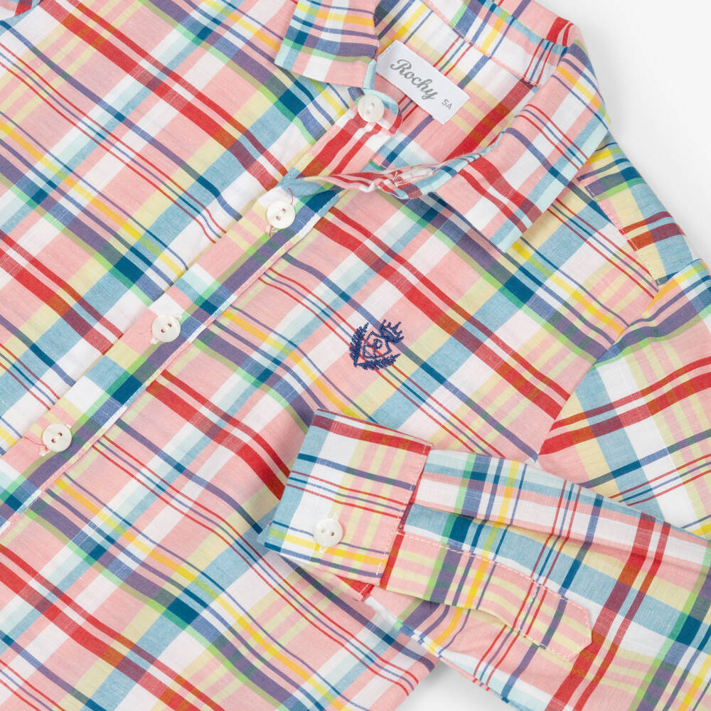 Rochy-Boys Pink Check Logo Shirt & White Cotton Shorts Set | Childrensalon