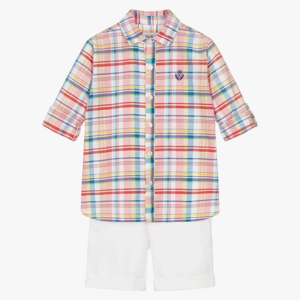 Rochy-Boys Pink Check Logo Shirt & White Cotton Shorts Set | Childrensalon