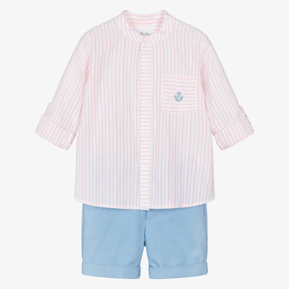 Rochy-Boys Pink Striped Shirt & Blue Cotton Shorts Set | Childrensalon