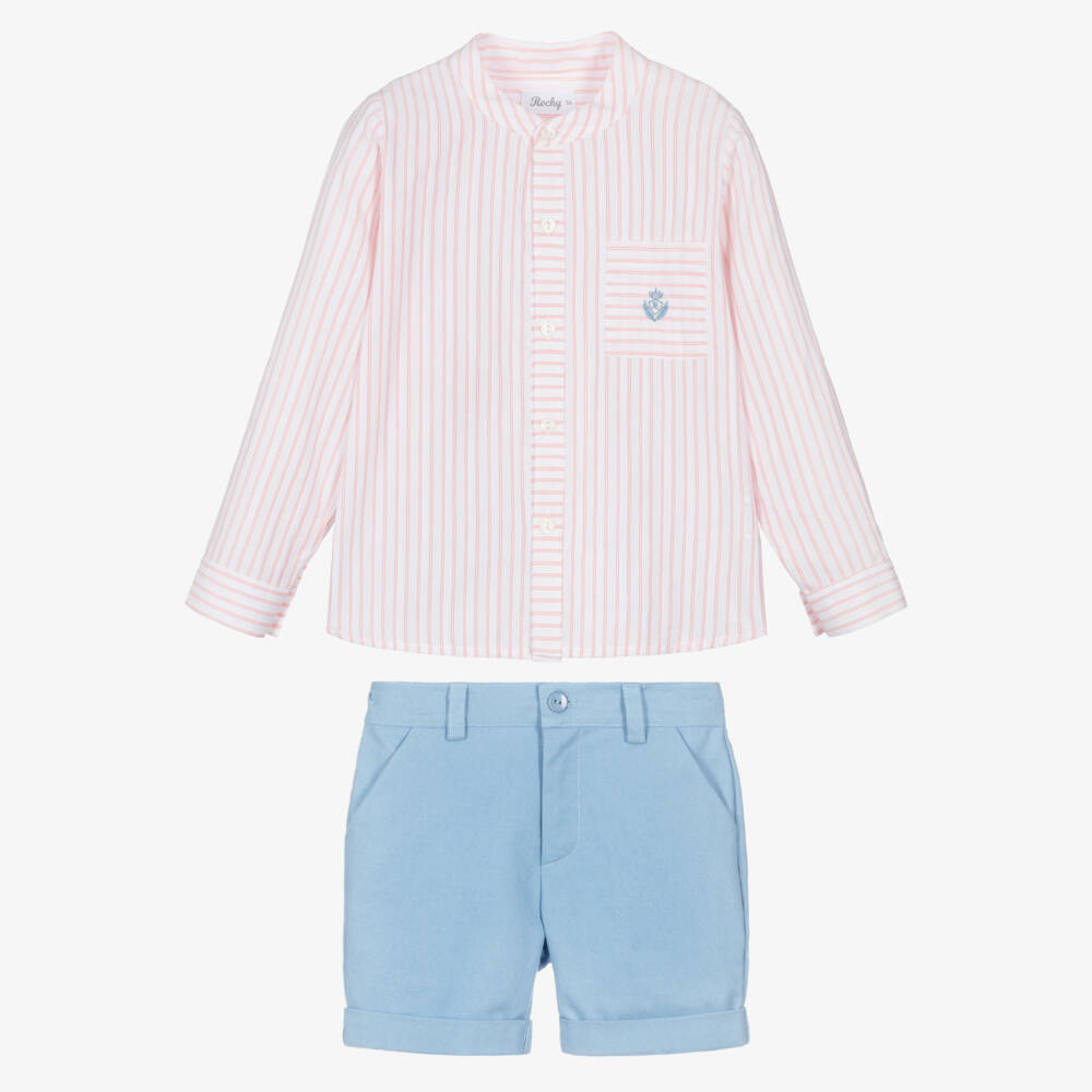Rochy-Boys Pink Striped Shirt & Blue Cotton Shorts Set | Childrensalon