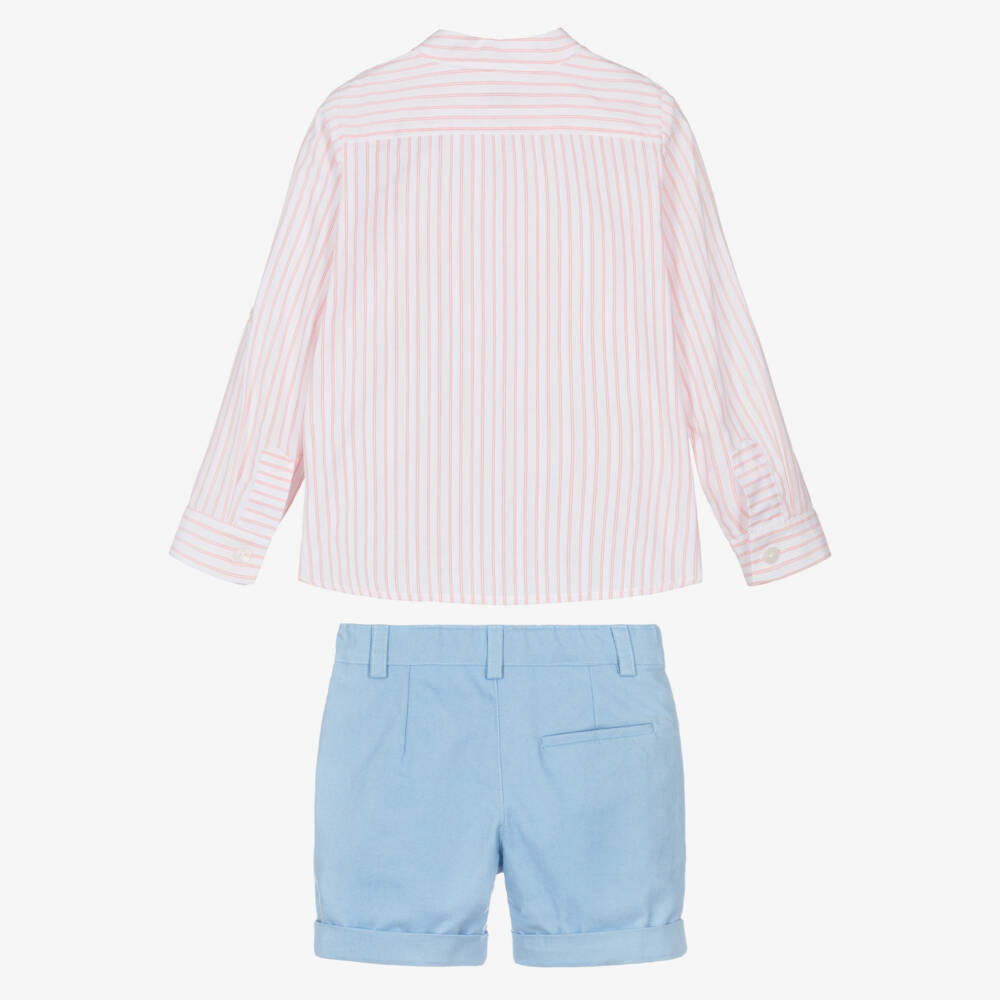 Rochy-Boys Pink Striped Shirt & Blue Cotton Shorts Set | Childrensalon