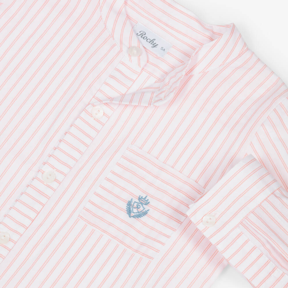 Rochy-Boys Pink Striped Shirt & Blue Cotton Shorts Set | Childrensalon