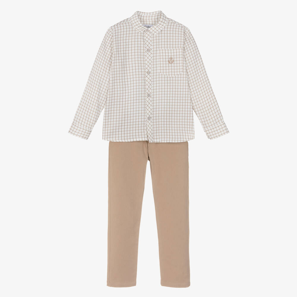 Rochy-Boys White & Beige Check Trouser Set | Childrensalon