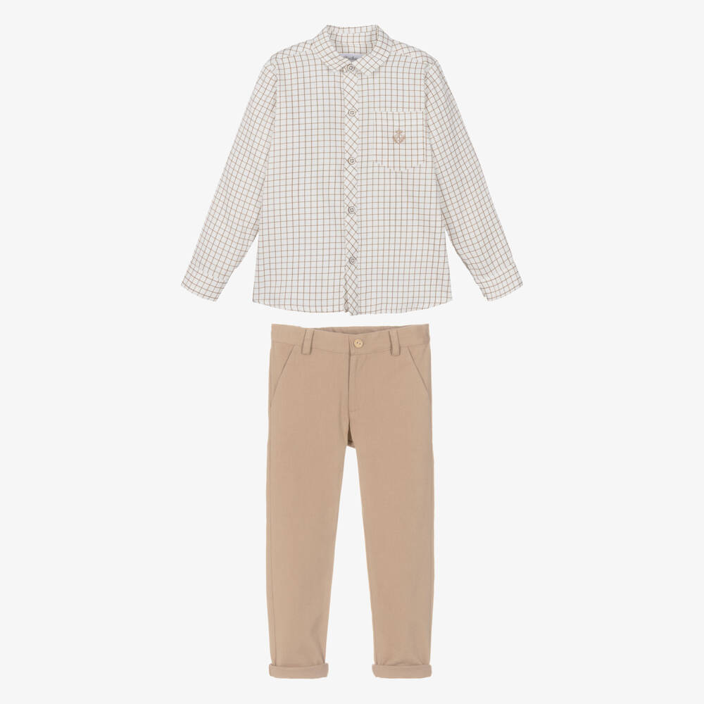 Rochy-Boys White & Beige Check Trouser Set | Childrensalon