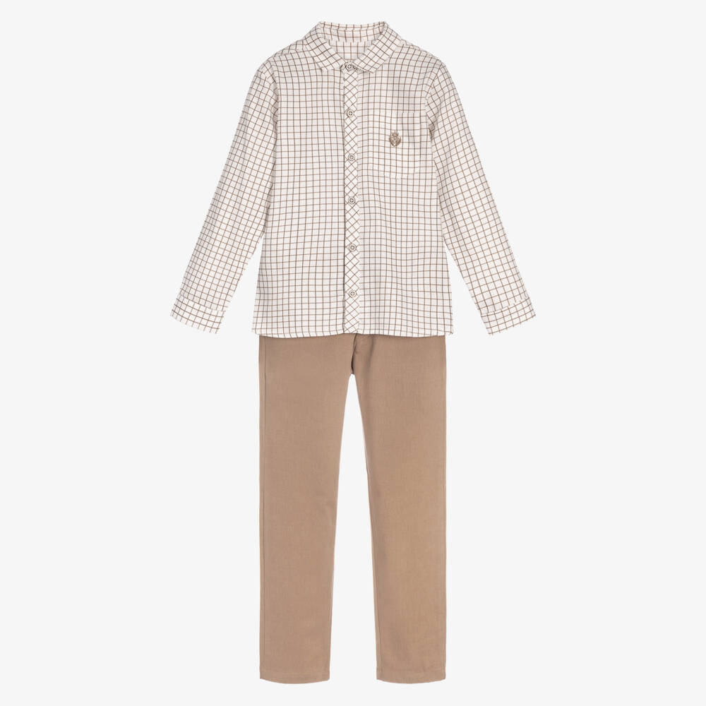 Rochy-Boys White & Beige Check Trouser Set | Childrensalon
