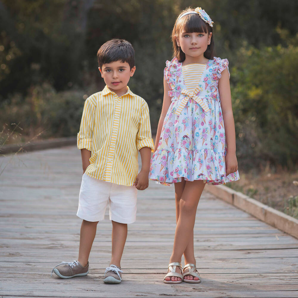 Rochy-Boys Yellow Striped Cotton Shirt & Shorts Set | Childrensalon