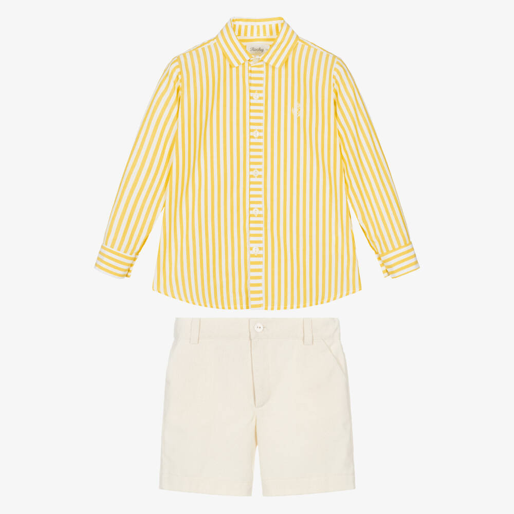 Rochy-Boys Yellow Striped Cotton Shirt & Shorts Set | Childrensalon