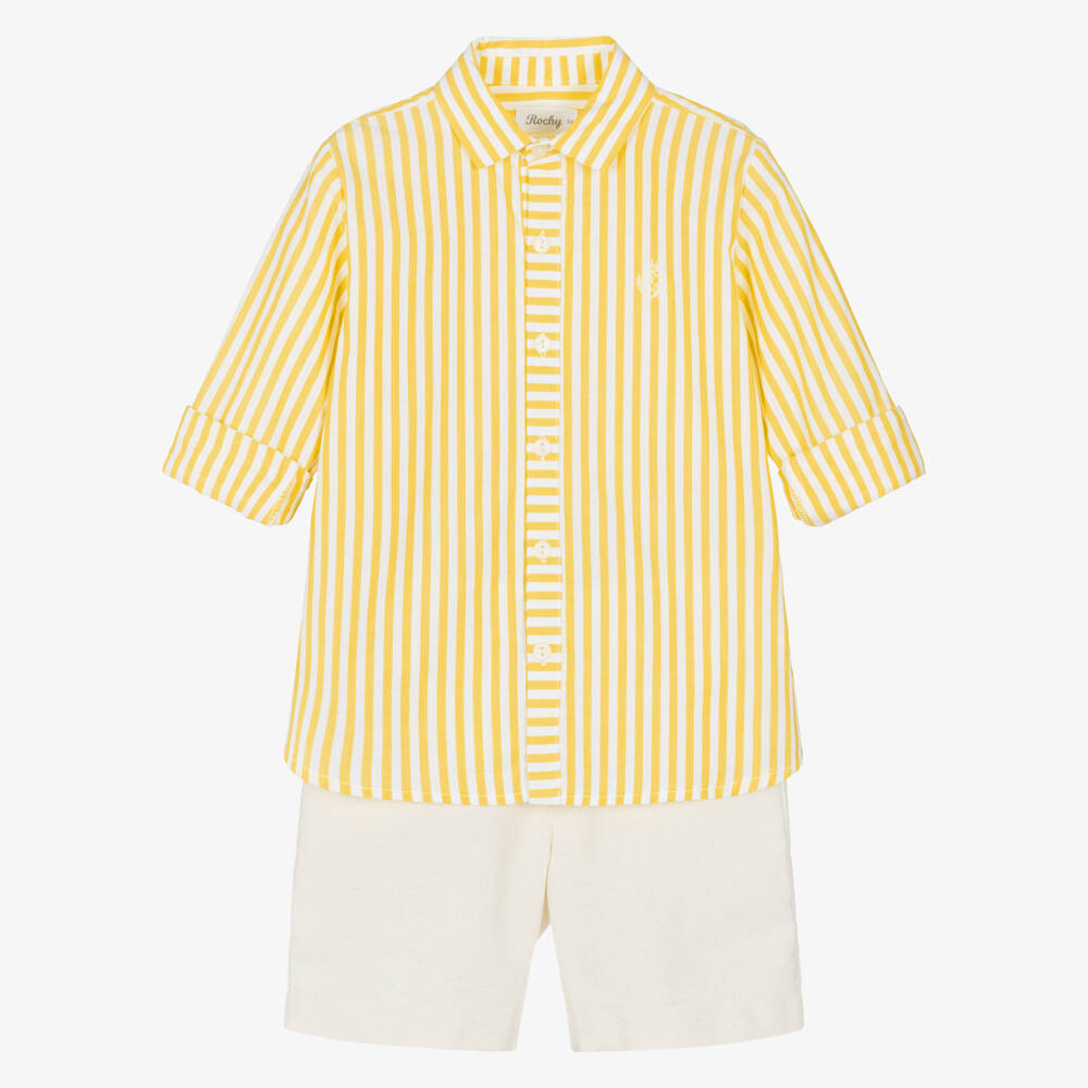 Rochy-Boys Yellow Striped Cotton Shirt & Shorts Set | Childrensalon