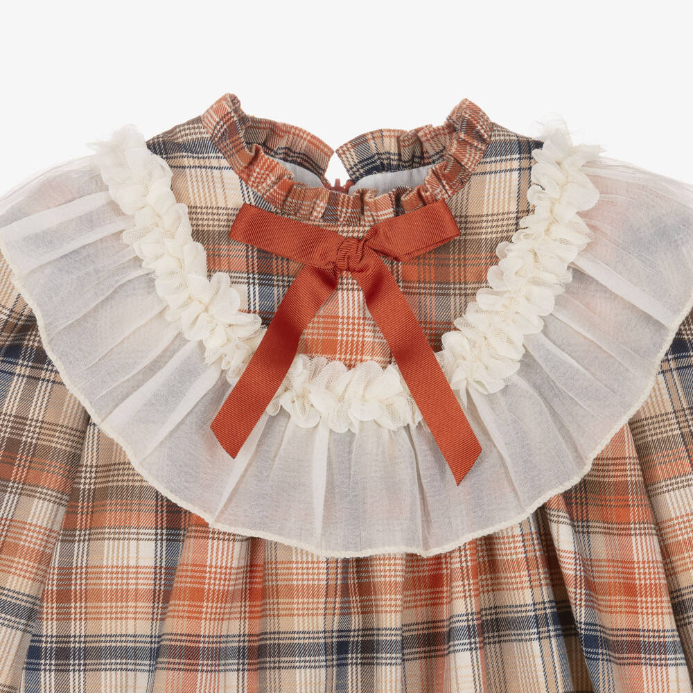 Rochy-Girls Beige & Orange Check Dress | Childrensalon