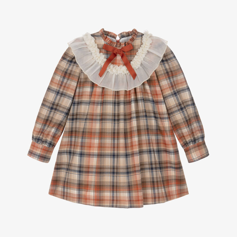 Rochy-Girls Beige & Orange Check Dress | Childrensalon