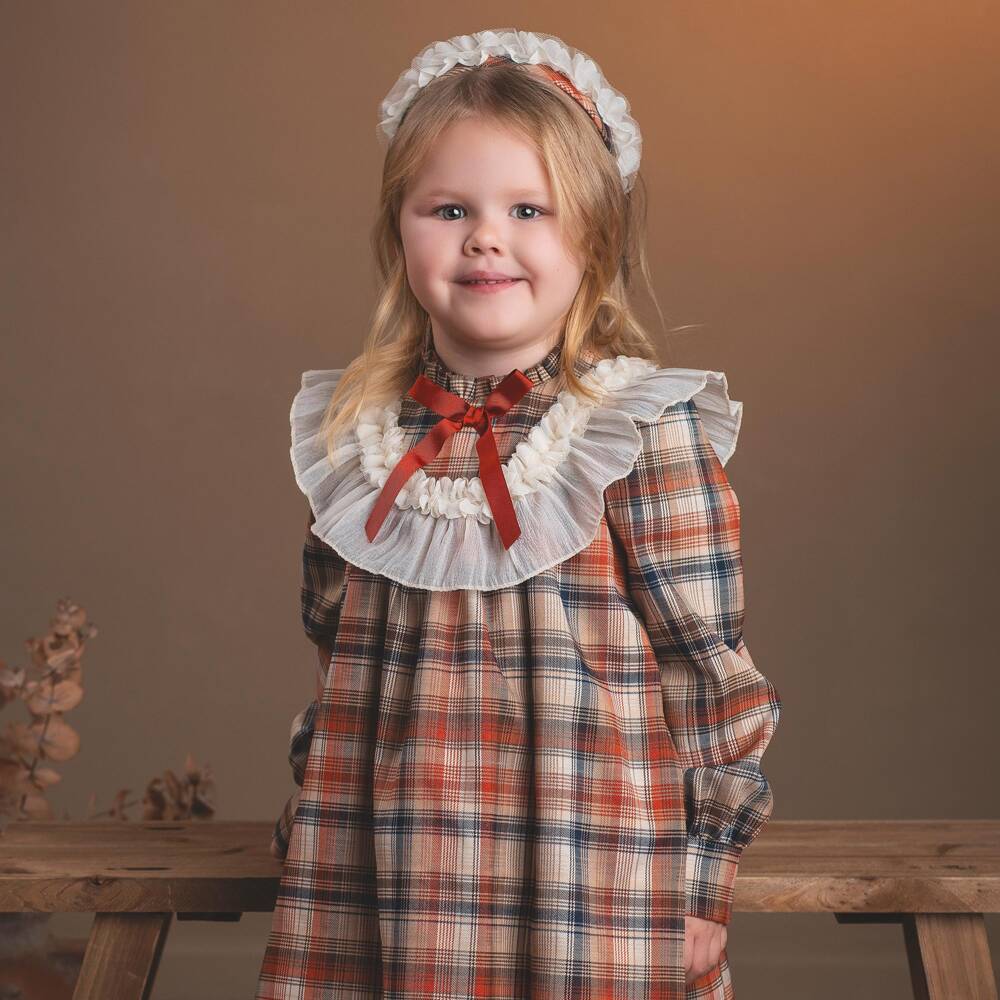 Rochy-Girls Beige & Orange Check Dress | Childrensalon