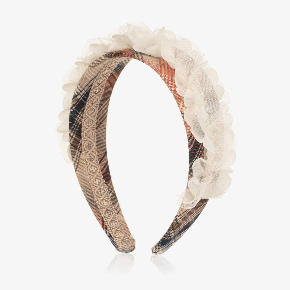 Rochy-Girls Beige & Orange Check Hairband with Tulle | Childrensalon