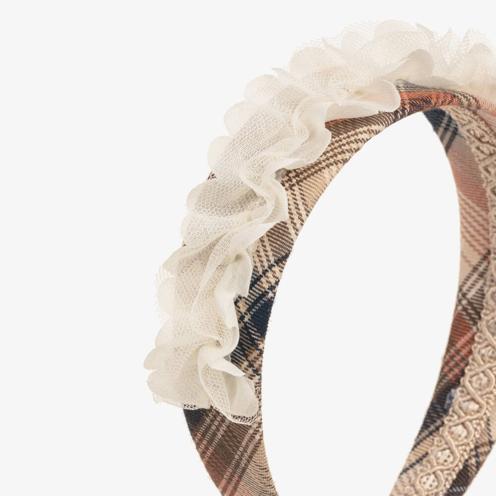 Rochy-Girls Beige & Orange Check Hairband with Tulle | Childrensalon