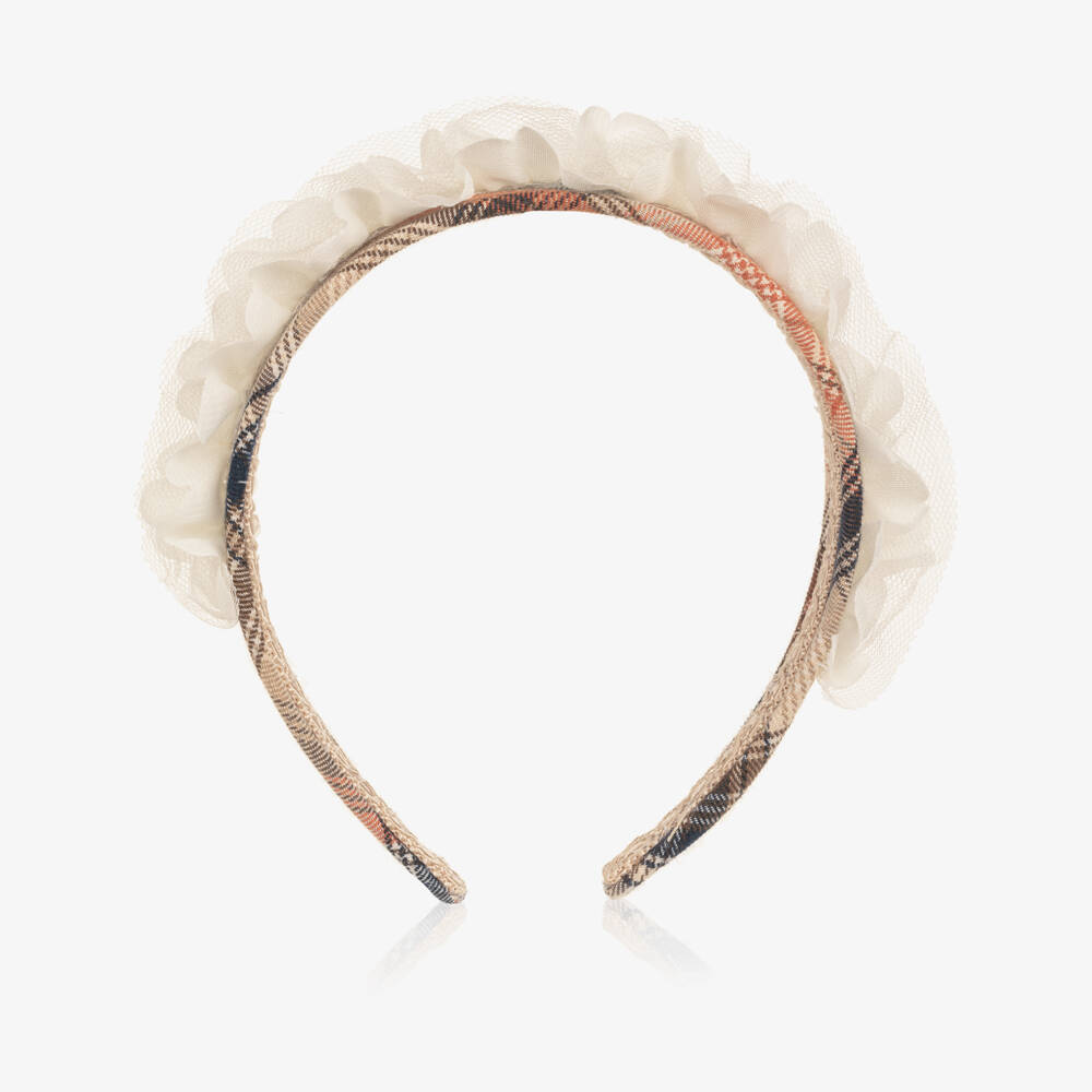 Rochy-Girls Beige & Orange Check Hairband with Tulle | Childrensalon