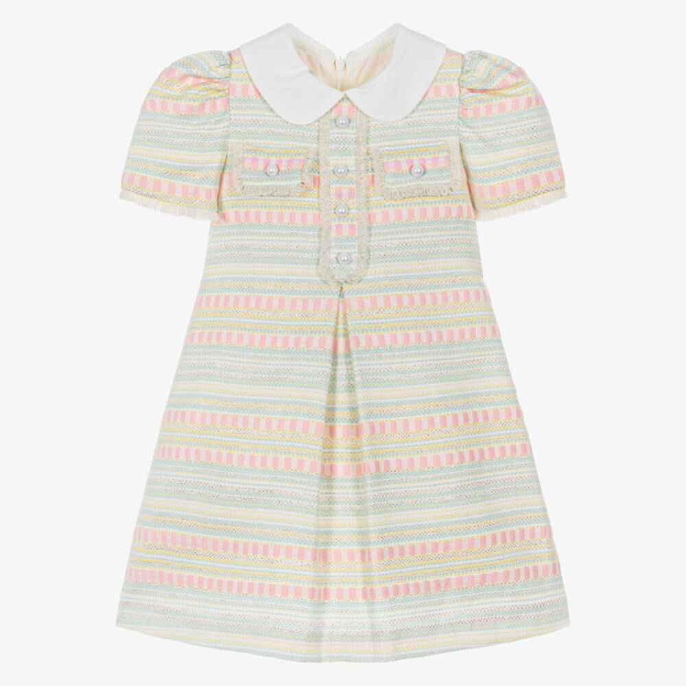 Rochy-Girls Green & Pink Pastel Stripe A-Line Tweed Dress | Childrensalon