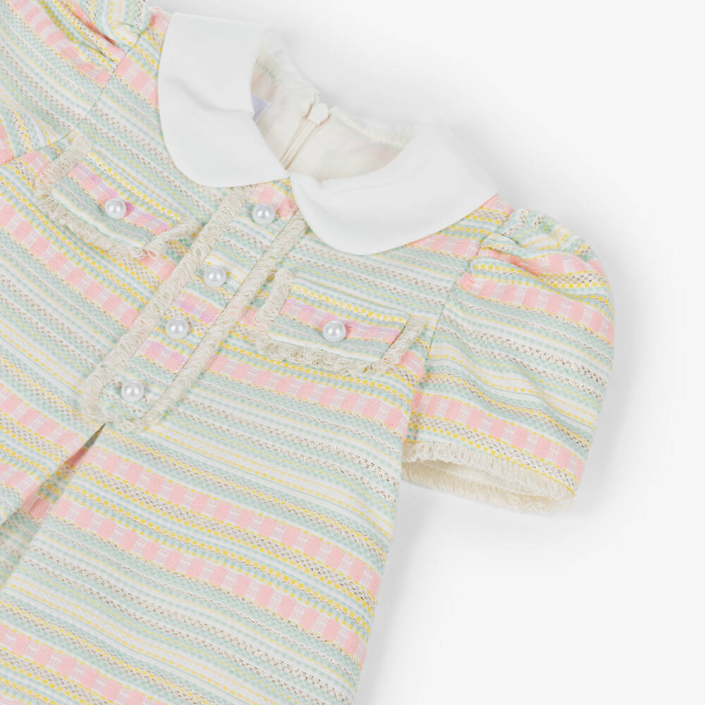 Rochy-Girls Green & Pink Pastel Stripe A-Line Tweed Dress | Childrensalon