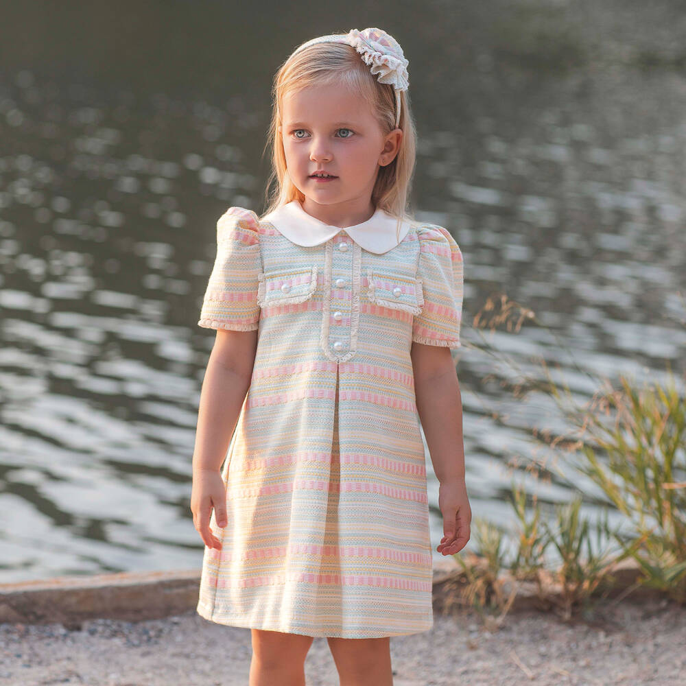 Rochy-Платье трапеция из твида в зелено-розовую полоску для девочек | Childrensalon