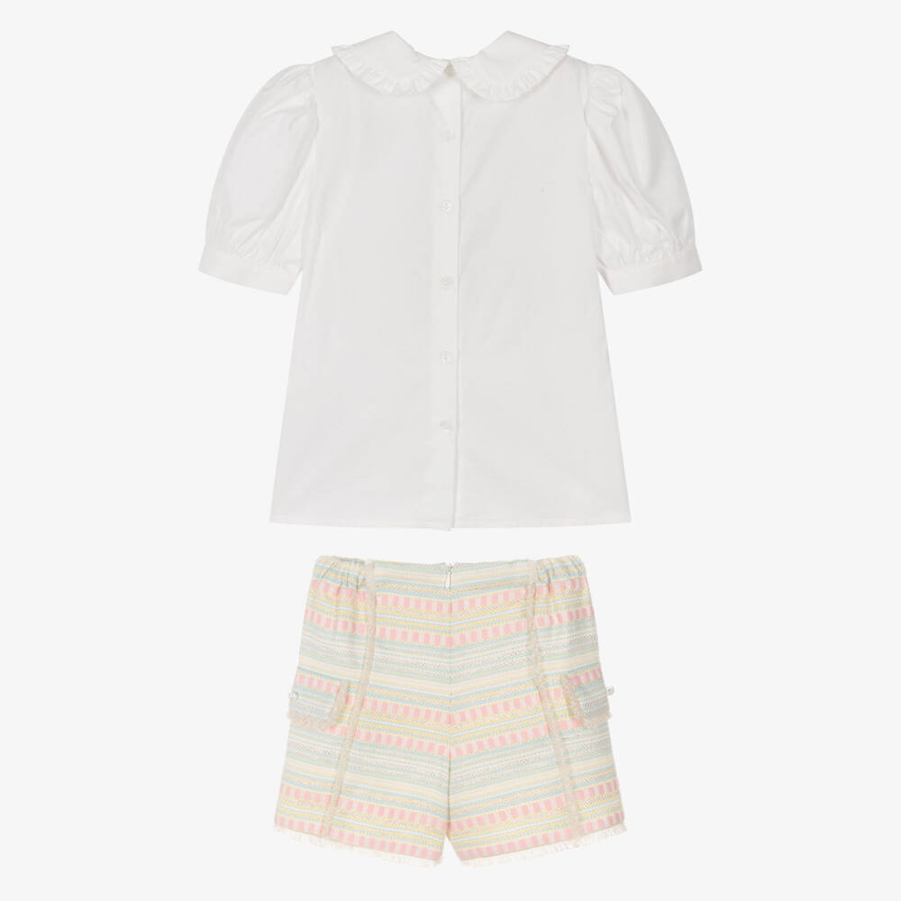 Rochy-Girls Green & Pink Striped Jacquard Shorts Set | Childrensalon