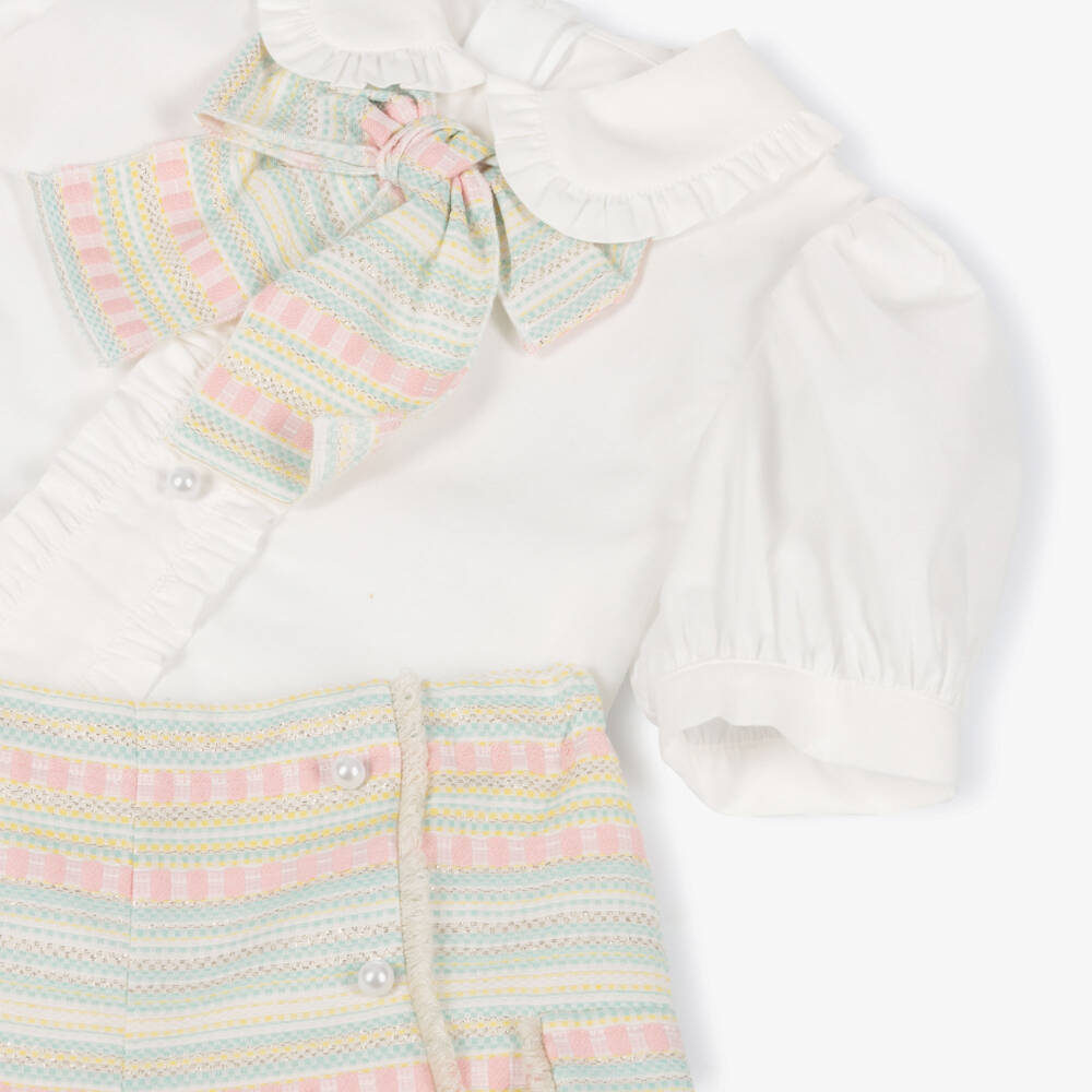 Rochy-Girls Green & Pink Striped Jacquard Shorts Set | Childrensalon