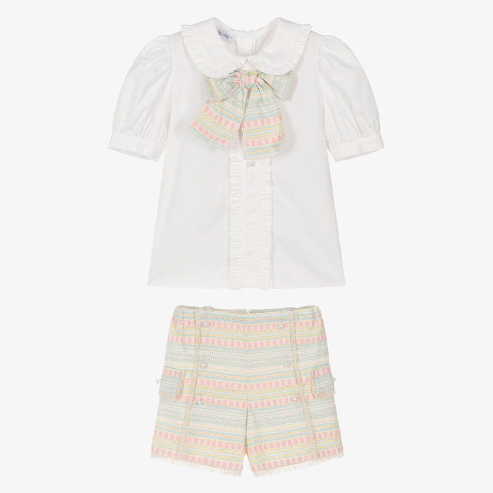 Rochy-Girls Green & Pink Striped Jacquard Shorts Set | Childrensalon