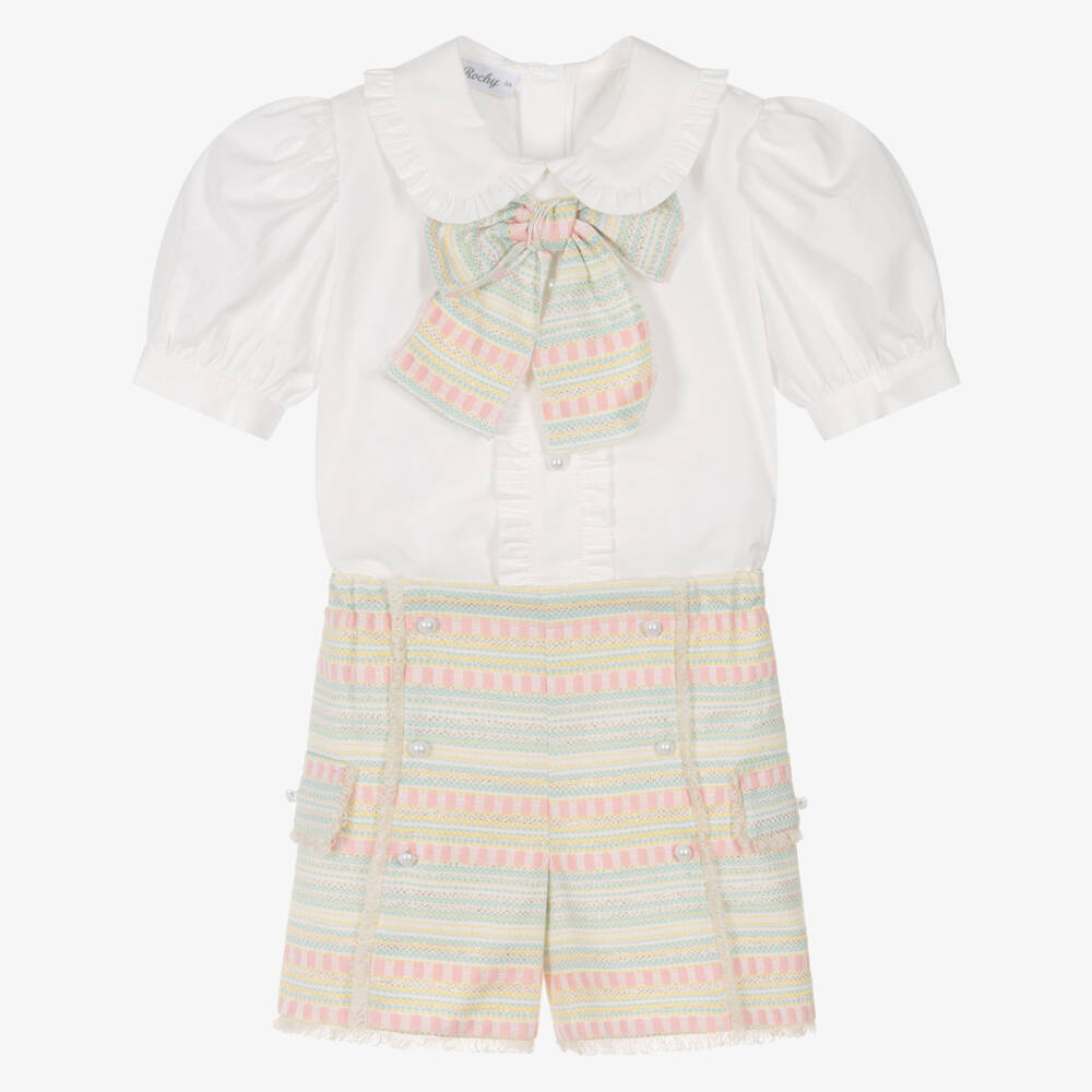 Rochy-Girls Green & Pink Striped Jacquard Shorts Set | Childrensalon