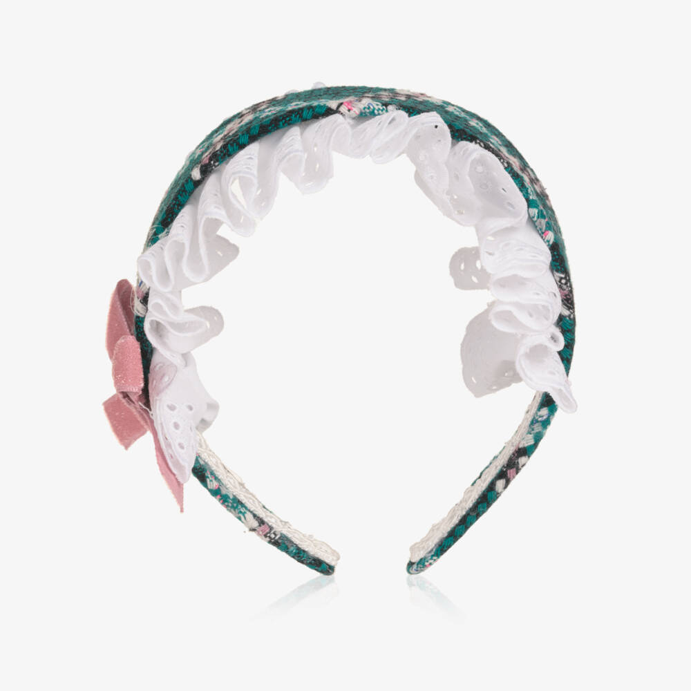 Rochy-Girls Green Tweed & Broderie Hairband | Childrensalon