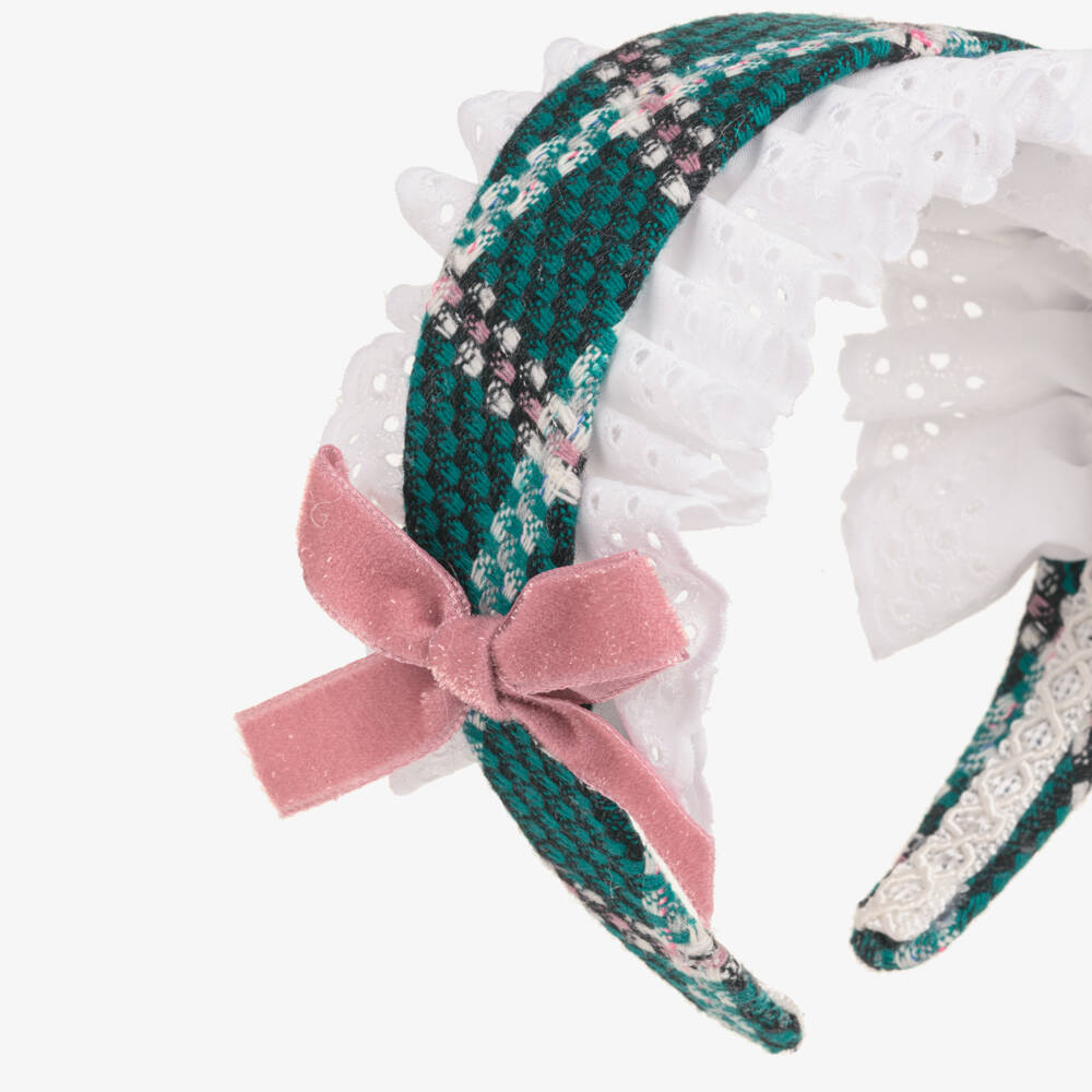 Rochy-Girls Green Tweed & Broderie Hairband | Childrensalon