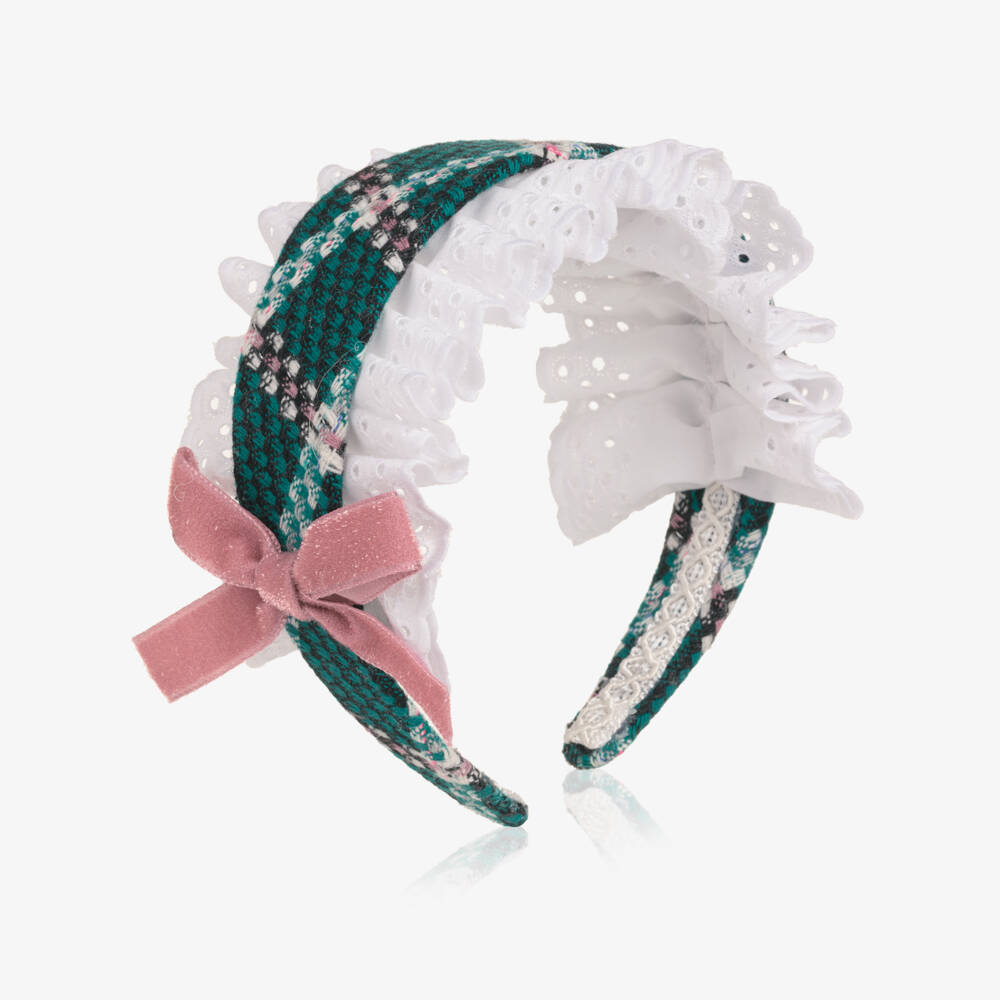 Rochy-Girls Green Tweed & Broderie Hairband | Childrensalon