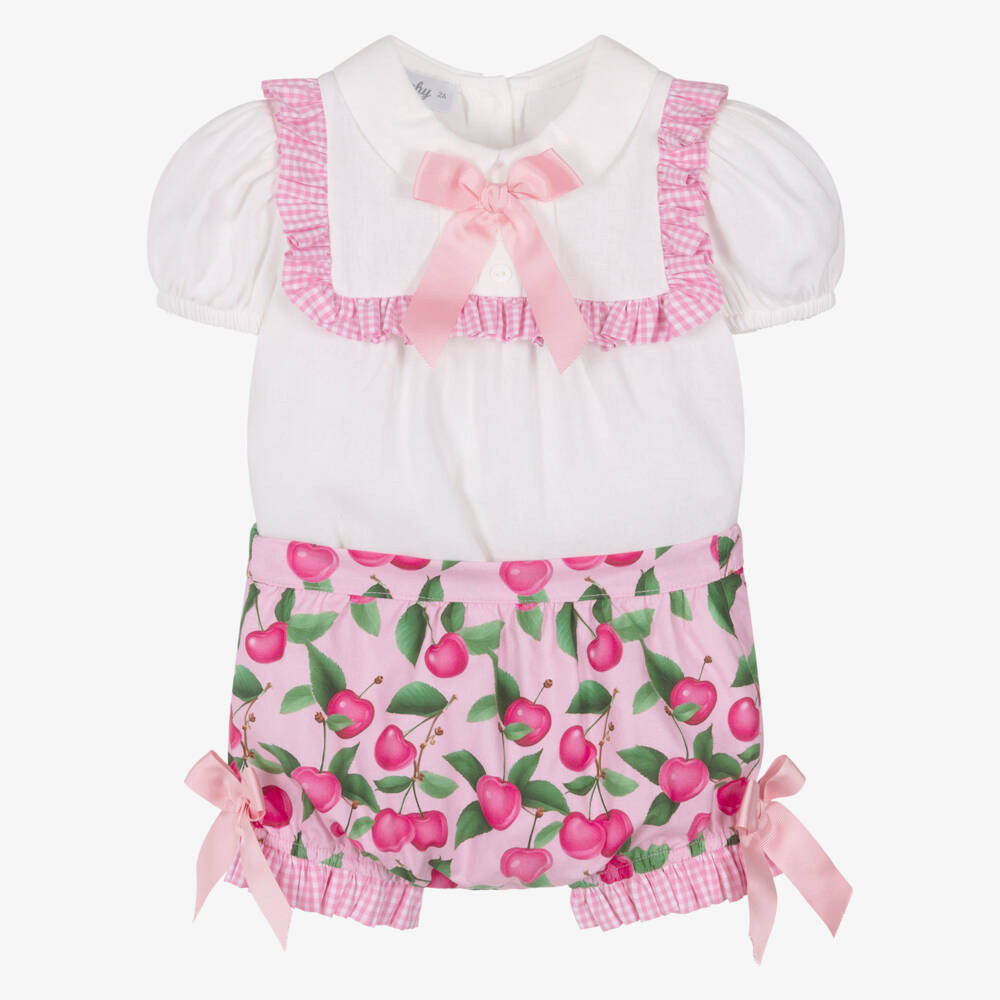Rochy-Girls Ivory & Pink Cherries Shorts Set | Childrensalon