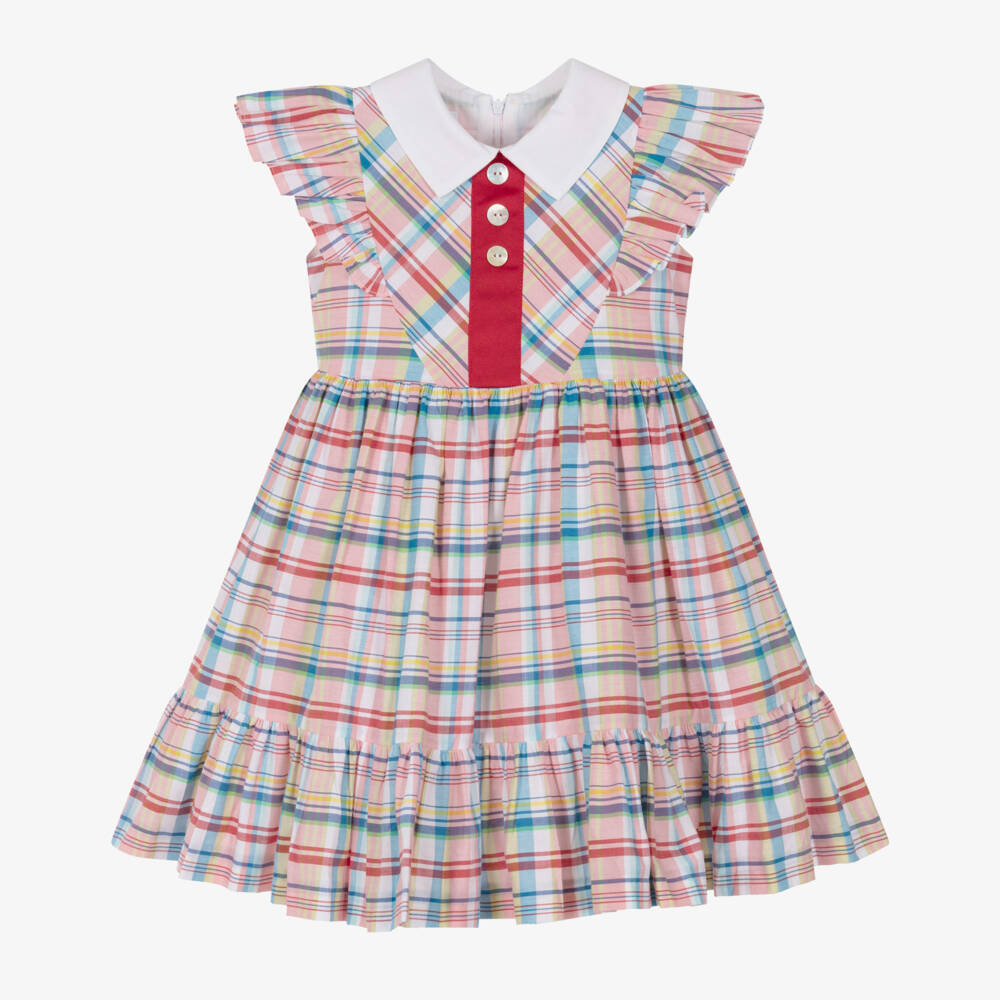 Rochy-Girls Multicolour Check Ruffle Dress with White Collar | Childrensalon