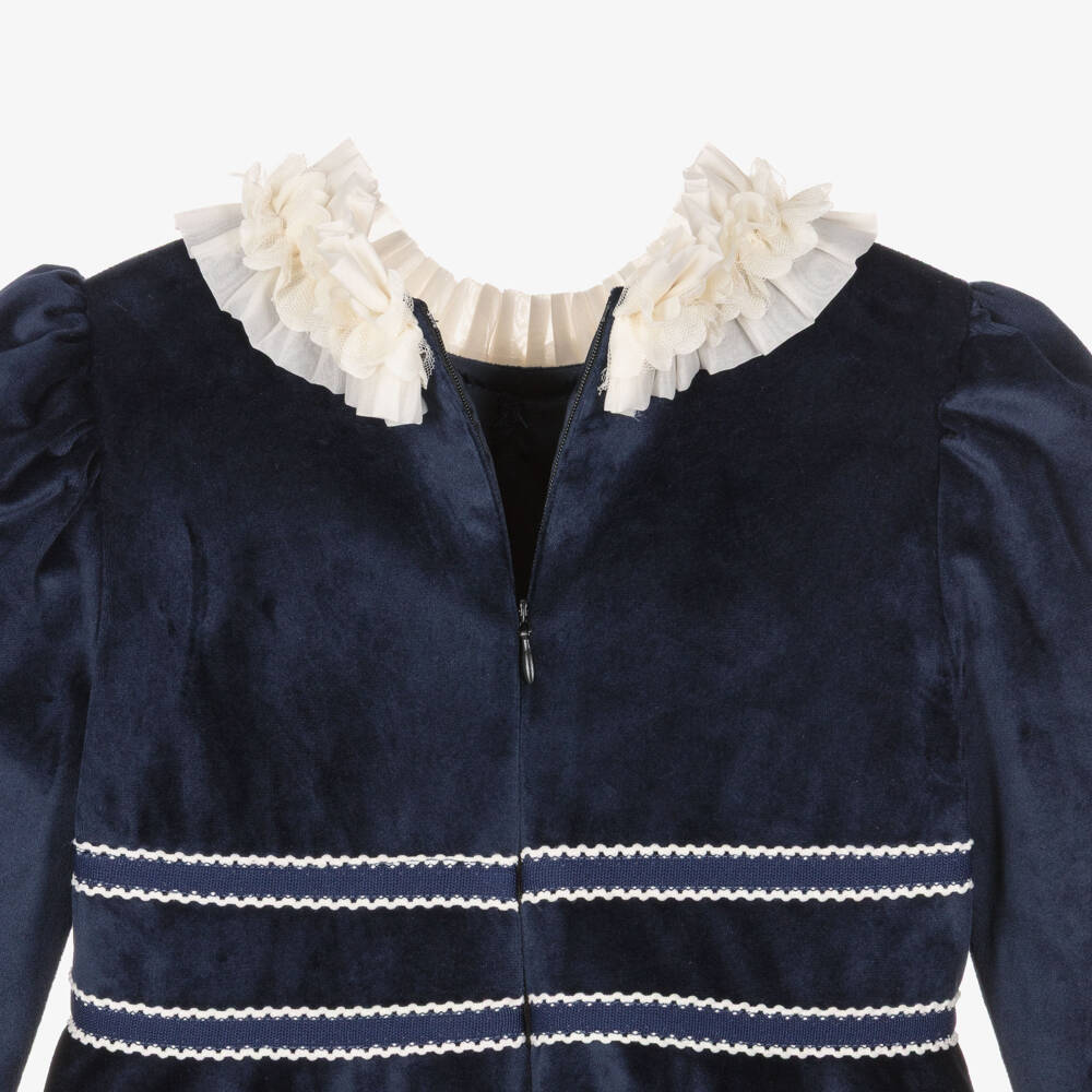 Rochy-Girls Navy Blue Velvet Dress with Ivory Frill Collar | Childrensalon