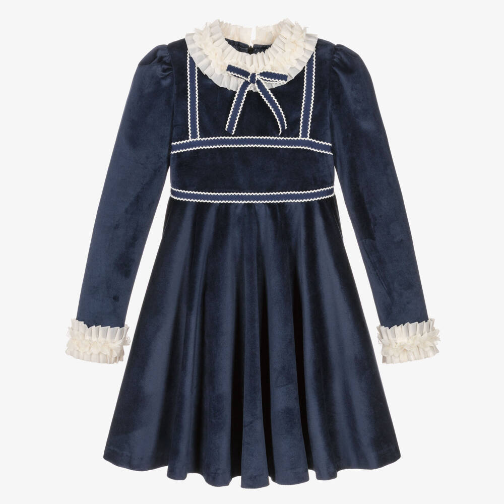 Rochy-Girls Navy Blue Velvet Dress with Ivory Frill Collar | Childrensalon
