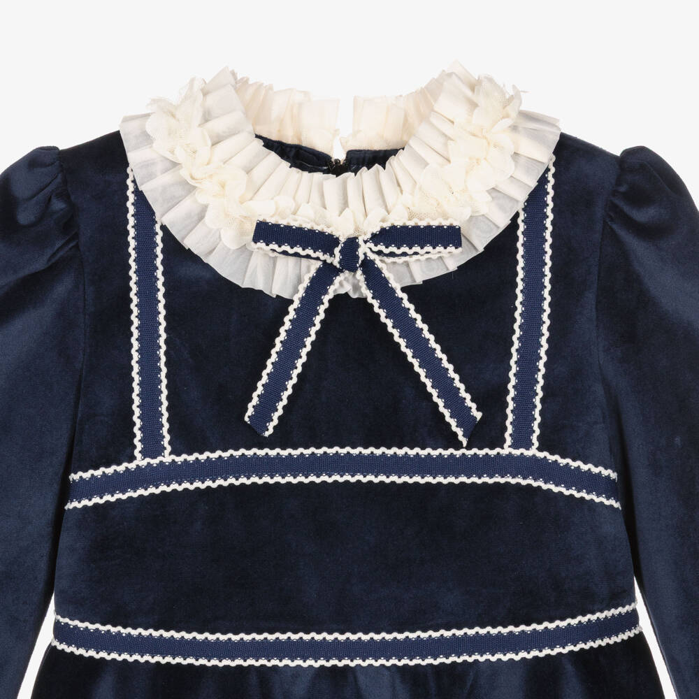 Rochy-Girls Navy Blue Velvet Dress with Ivory Frill Collar | Childrensalon