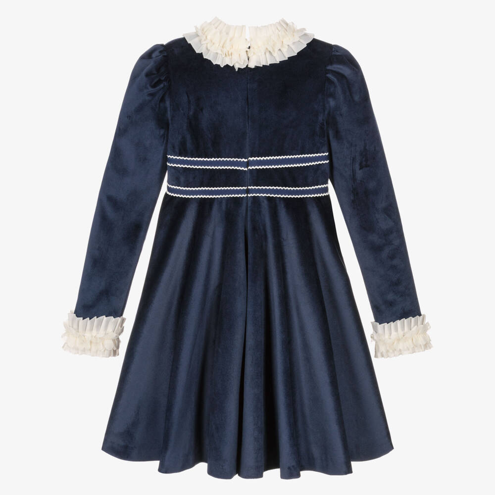 Rochy-Girls Navy Blue Velvet Dress with Ivory Frill Collar | Childrensalon